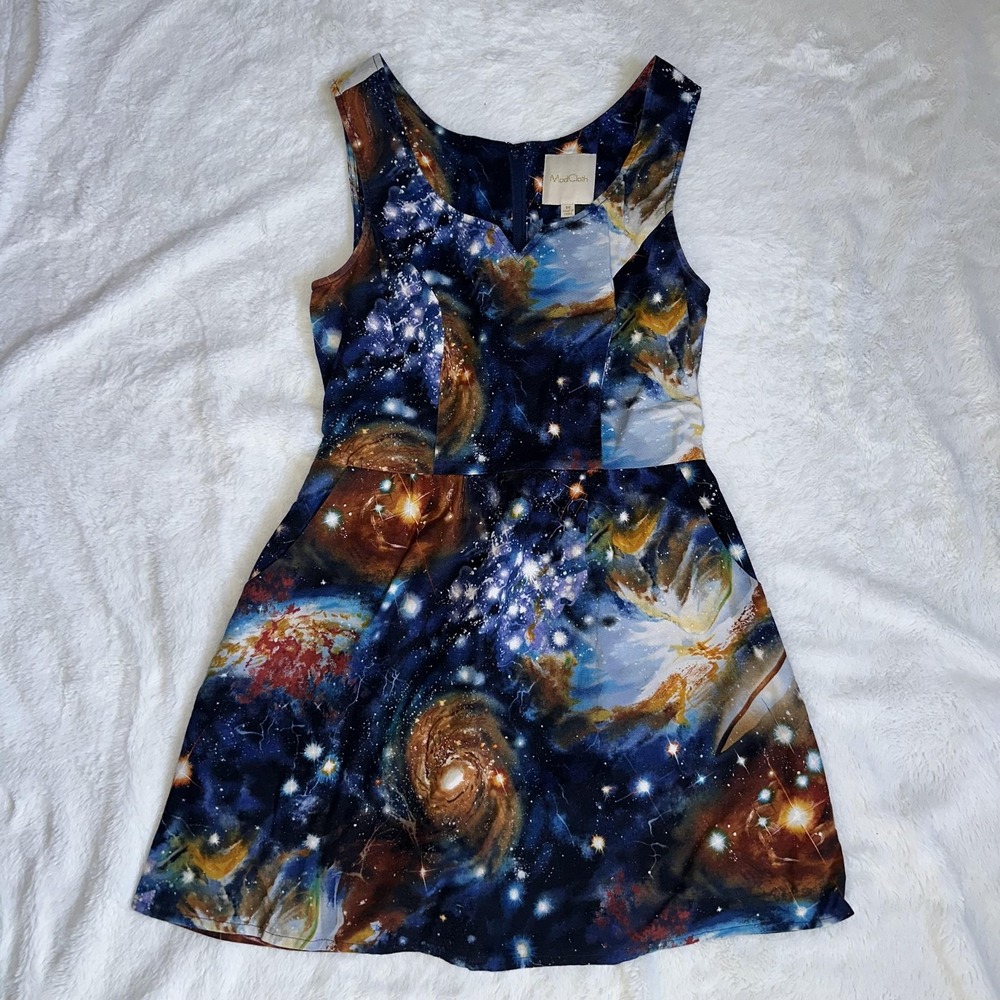 ModCloth Dress M‎ Blue Galaxy Space Graphic Print Fit & Flare Sleeveless Teacher